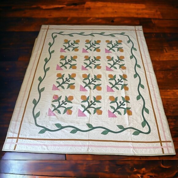 Antique Vintage Tulip Applique Quilt Reversible Date Embroidred 1931  92" x 78" - Picture 1 of 13